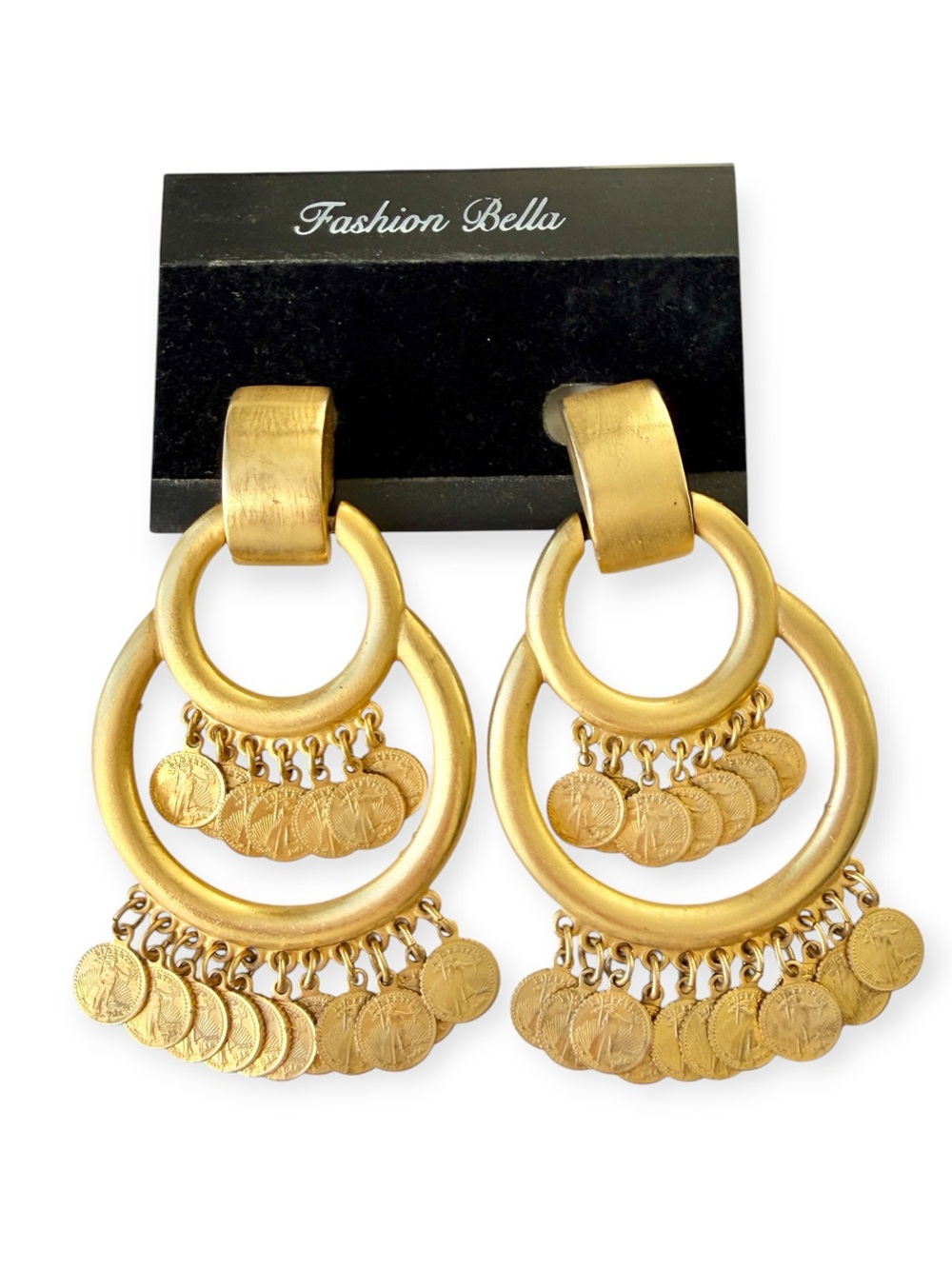 Vintage 1980s Ben-Amun Coin Statement Earrings Lady Liberty Gold Tone Signed